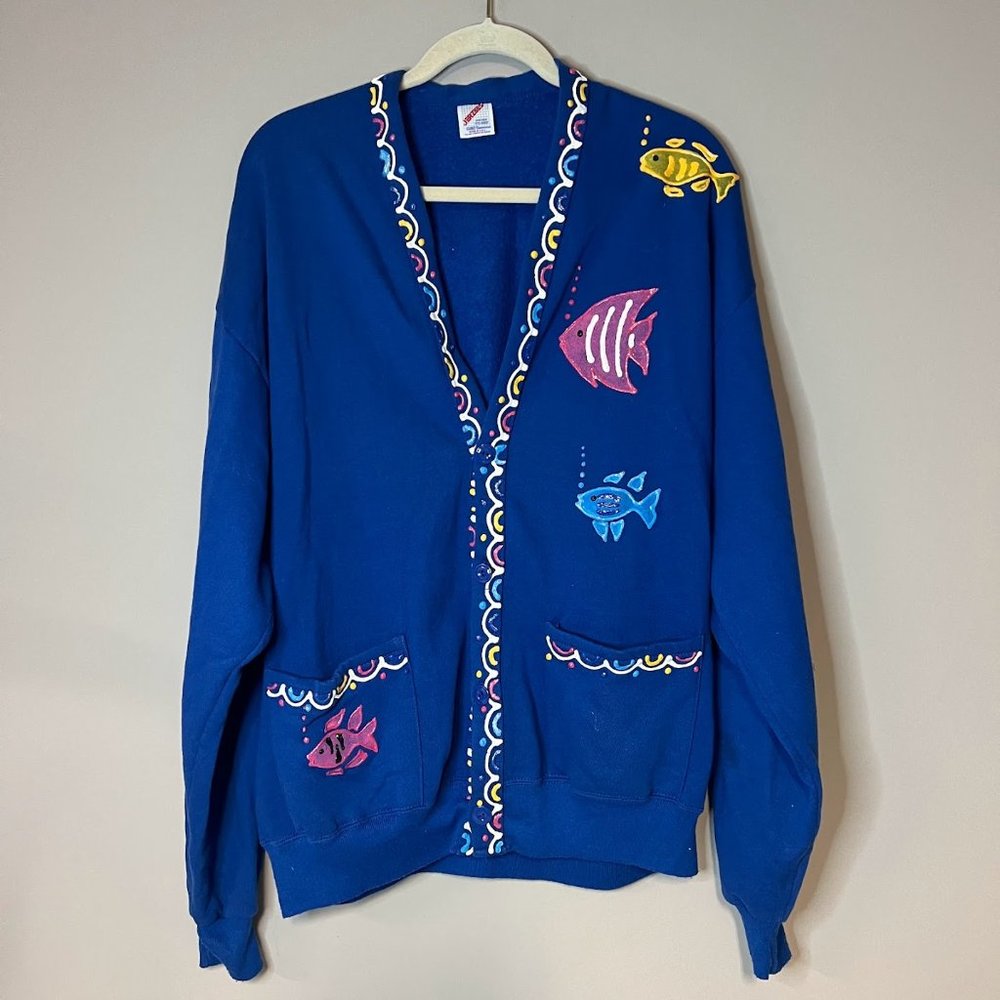 Vintage 90s Puffy Paint Glitter Tropical Fish Cardigan Sweatshirt
